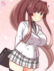 Rule 34 | 1girl, alternate costume, artist logo, black shirt, breasts, briefcase, brown eyes, brown hair, buttons, cowboy shot, double-breasted, flower, gochuumon wa usagi desu ka?, gradient background, grey necktie, jacket, kanon (kurogane knights), kantai collection, large breasts, long hair, looking at viewer, necktie, one-hour drawing challenge, pink background, ponytail, school briefcase, school uniform, shirt, skirt, smile, solo, tedeza rize&#039;s school uniform, very long hair, yamato (kancolle)