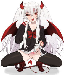 Rule 34 | 1girl, beijuu, black dress, black thighhighs, clothes lift, demon girl, demon horns, demon tail, demon wings, dress, dress lift, fang, frilled dress, frills, grim aloe, hair between eyes, horns, lifting own clothes, long hair, long sleeves, looking at viewer, open mouth, pubic tattoo, quiz magic academy the world evolve, red eyes, red footwear, red horns, simple background, skin fang, solo, squatting, tail, tattoo, thighhighs, twintails, white background, white hair, wings