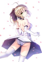 Rule 34 | 1girl, ahoge, artoria pendragon (all), artoria pendragon (fate), ass, bare back, blonde hair, dress, elbow gloves, fate/stay night, fate/unlimited codes, fate (series), from behind, gloves, green eyes, hair ribbon, highres, looking back, panties, pantyshot, petals, ponytail, ribbon, saber (fate), saber lily, solo, standing, thighhighs, underwear, veilrain, white background, white dress, white gloves, white panties, white thighhighs