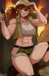 Rule 34 | 1girl, abs, bare shoulders, breasts, brown hair, crop top, fio germi, fire, glasses, gun, hat, highres, large breasts, medium breasts, medium hair, metal slug, muscular, muscular female, ponytail, puzzled artist (name), short shorts, shorts, sleeveless, weapon