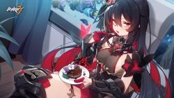 Rule 34 | 1girl, blush, bug, butterfly, cake, curtains, fish, fish tank, food, fork, gauntlets, gloves, half gloves, highres, honkai (series), honkai impact 3rd, insect, leggings, long hair, looking at viewer, multicolored hair, plate, red eyes, red gloves, seele (alter ego), seele vollerei, seele vollerei (starchasm nyx), two-tone hair