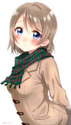 Rule 34 | 10s, 1girl, arms behind back, bico (bicoris), blue eyes, blush, coat, green scarf, grey hair, highres, looking at viewer, love live!, love live! school idol festival, love live! sunshine!!, plaid, plaid scarf, scarf, short hair, simple background, solo, swept bangs, upper body, watanabe you, white background, winter clothes