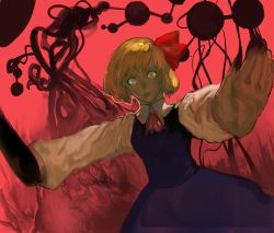 Rule 34 | 1girl, ascot, bad id, bad pixiv id, blonde hair, crazy eyes, creepy, danmaku, darkness, embodiment of scarlet devil, female focus, horror (theme), lips, looking at viewer, outstretched arms, pov, rape face, realistic, red theme, rumia, solo, spread arms, touhou, youyou (yoyoyo)