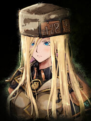 1girl arm_scarf black_background blonde_hair blue_eyes blush closed_mouth fur_hat guilty_gear guilty_gear_strive hair_between_eyes hair_over_one_eye hat highres long_hair millia_rage nt50 simple_background solo upper_body ushanka very_long_hair