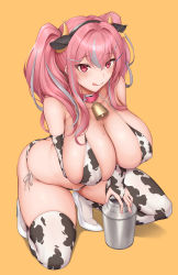 Rule 34 | 1girl, :q, absurdres, animal ears, animal print, ass, azur lane, bare shoulders, bell, belt, bikini, blush, breasts, bremerton (azur lane), bridal gauntlets, butt crack, cleavage, collar, collarbone, commentary request, covered erect nipples, cow ears, cow girl, cow horns, cow print, cowbell, ear piercing, fake animal ears, fake horns, full body, grey hair, hair between eyes, hair intakes, hair ornament, hairclip, high heels, highres, horns, huge breasts, large breasts, long hair, looking at viewer, milk churn, mole, mole on breast, mole under eye, multicolored hair, neck bell, on one knee, orange background, piercing, pink belt, pink collar, pink eyes, pink hair, raki (x25), shadow, shoes, side-tie bikini bottom, sidelocks, simple background, skindentation, smile, solo, stomach, streaked hair, swimsuit, thighhighs, thighs, tongue, tongue out, twintails, two-tone hair, underwear, white bikini, white footwear, white thighhighs, yellow background