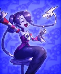 Rule 34 | 1girl, blue background, blue hair, blue skin, colored skin, dress, closed eyes, hair over one eye, highres, leviathan (skullgirls), open mouth, sitting, skeletal arm, skullgirls, solo, squigly (skullgirls), stitched mouth, stitches, zombie