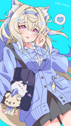 1girl alternate_costume animal_ear_fluff animal_ears bag bandaid bandaid_hair_ornament black_bag blonde_hair blue_background blue_cardigan blue_hair blue_nails cardigan dog_ears dog_girl fuwawa_abyssgard hair_ornament hairpin heart highres hinata_hirune hololive hololive_english long_hair looking_at_viewer multicolored_hair nail_polish perroccino_(fuwamoco) pink_eyes ruffian_(fuwamoco) school_bag shirt smile solo spoken_heart streaked_hair tongue tongue_out v very_long_hair virtual_youtuber white_shirt