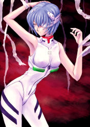 Rule 34 | 1girl, arm up, armpits, ayanami rei, bandage over one eye, bandages, bare shoulders, blue hair, eyepatch, frown, hand on own head, leaning forward, looking back, neon genesis evangelion, plugsuit, red eyes, short hair, sleeveless, solo