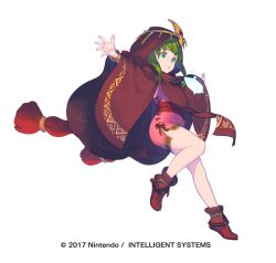 Rule 34 | 1girl, ankle boots, boots, brown cape, brown footwear, cape, dress, enkyo yuuichirou, fire emblem, fire emblem: mystery of the emblem, fire emblem heroes, green eyes, green hair, headpiece, hood, hood up, hooded cape, jumping, long hair, nintendo, official art, outstretched arms, pink dress, sash, short dress, simple background, solo, spread arms, standing, standing on one leg, tiki (fire emblem), tiki (young) (fire emblem), watermark, white background