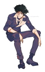 Rule 34 | 1boy, black hair, cowboy bebop, english text, highres, invisible chair, qqau47t9k, red eyes, simple background, sitting, smile, solo, spike spiegel, white background