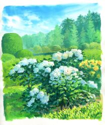 blue_sky bush cloud cloudy_sky day flower grass highres nature no_humans original pine_tree plant sawitou_mizuki scenery sky tree white_flower yellow_flower