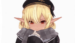 Rule 34 | 1girl, bad id, bad pixiv id, beret, black dress, black hat, blonde hair, cait aron, closed mouth, dark-skinned female, dark skin, dress, elf, enpera, frilled sleeves, frills, gloves, grey background, grey scarf, hair between eyes, hand up, hat, hololive, long sleeves, looking at viewer, plaid, plaid scarf, pointy ears, red eyes, scarf, shiranui flare, shiranui flare (street), simple background, sleeves past wrists, smile, solo, upper body, virtual youtuber, white gloves