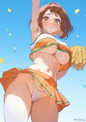 Rule 34 | 1girl, ai-assisted, blush, boku no hero academia, breasts, brown eyes, brown hair, cameltoe, cheerleader, cleft of venus, closed mouth, commentary, confetti, crop top, english commentary, highres, holding, holding pom poms, large breasts, looking at viewer, looking down, navel, nutsbutty, orange shirt, orange skirt, panties, pleated skirt, pom pom (cheerleading), pom poms, shirt, short hair, skirt, sleeveless, solo, u.a. cheerleader uniform, underboob, underwear, upskirt, uraraka ochako, white panties