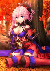 Rule 34 | 1girl, :&gt;, asymmetrical hair, autumn, autumn leaves, bare shoulders, blue eyes, breasts, cleavage, collarbone, detached collar, earrings, fate/grand order, fate (series), floral print, hair between eyes, hair ornament, japanese clothes, jewelry, katana, kimono, large breasts, long hair, long sleeves, looking at viewer, magatama, midriff, miyamoto musashi (fate), miyamoto musashi (third ascension) (fate), multicolored clothes, navel, pink hair, ponytail, sash, sheath, sheathed, sitting, smile, solo, sword, thighhighs, thighs, toshi (1-147), tree, weapon
