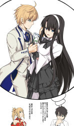 Rule 34 | 1girl, 2boys, alternate costume, arthur pendragon (fate), arthur pendragon (white rose) (fate), black bow, black hair, blonde hair, blue eyes, blue neckwear, bow, braid, breast padding, breasts, character request, check character, commentary request, crossdressing, dress, fate (series), flower, fujimaru ritsuka (male), green eyes, hairband, holding, holding flower, jacket, large breasts, long hair, medium breasts, mordred (fate), mordred (fate/apocrypha), multiple boys, ponytail, shiseki hirame, short hair, simple background, white background, white flower, white hairband
