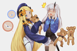 Rule 34 | 2girls, :3, ^^^, abigail williams (fate), alternate costume, animal print, asymmetrical legwear, beret, black bow, black skirt, black vest, blonde hair, blue eyes, blue hat, blue shirt, blush, bow, bow panties, butterfly print, closed mouth, clothes lift, eyepatch, fate/grand order, fate (series), grey background, hair bow, hands up, hat, head tilt, highres, horns, hugging object, implied fingering, joenny, lavinia whateley (fate), long hair, long sleeves, multiple girls, open mouth, orange bow, outline, panties, pants, parted bangs, pencil skirt, print panties, red eyes, shirt, silver hair, single horn, single thighhigh, skirt, sleeves past fingers, sleeves past wrists, spoken object, spoken panties, striped clothes, striped shirt, stuffed animal, stuffed toy, teddy bear, teeth, thighhighs, underwear, uneven legwear, upper teeth only, vertical-striped clothes, vertical-striped shirt, very long hair, vest, white outline, white panties, white pants, white vest, wide-eyed