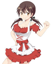 Rule 34 | 1girl, blush, breasts, brown eyes, brown hair, caryo, cleavage, clenched hand, collarbone, dirndl, german clothes, gertrud barkhorn, hand on own hip, long hair, nanashino, official alternate costume, simple background, smile, solo, strike witches, twintails, white background, world witches series