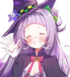 Rule 34 | 1girl, ^ ^, black capelet, black hat, blunt bangs, blush, capelet, closed eyes, cone hair bun, facing viewer, forehead, grey hair, grey shirt, grin, hair bun, hand up, hat, highres, hololive, kutar22, long hair, long sleeves, murasaki shion, murasaki shion (1st costume), shirt, simple background, single side bun, sleeves past wrists, smile, solo, striped clothes, striped shirt, tilted headwear, upper body, v-shaped eyebrows, vertical-striped clothes, vertical-striped shirt, very long hair, virtual youtuber, white background, witch hat