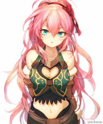 Rule 34 | 1girl, aqua eyes, arms behind back, bare shoulders, belt, blush, breasts, cleavage, cleavage cutout, clothing cutout, commentary request, detached sleeves, eyelashes, hair between eyes, hair ornament, halphas (megido72), heart, heart cutout, heart hair ornament, high ponytail, highres, large breasts, long hair, long sleeves, looking at viewer, megido72, navel, parted lips, pink hair, shiobana, simple background, smile, solo, upper body, very long hair, white background