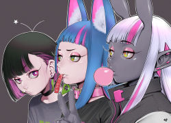 Rule 34 | 3girls, animal ear fluff, animal ears, black choker, black hair, blue hair, blowing bubbles, chewing gum, choker, closed mouth, collar, colored skin, ear piercing, earrings, eyeshadow, fang, fang out, film grain, fingernails, green eyes, grey background, grey nails, grey skin, half-closed eyes, highres, horns, jewelry, long eyelashes, long hair, looking at another, makeup, multicolored hair, multiple girls, nail polish, nanja, original, outline, piercing, pink collar, pink eyeshadow, pink hair, pointy ears, purple eyes, short hair, simple background, slit pupils, star (symbol), streaked hair, upper body, white hair, white outline, yellow eyes