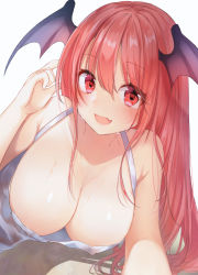 Rule 34 | 1girl, bat wings, blush, breasts, cleavage, collarbone, dress, covered erect nipples, fang, head wings, koakuma, large breasts, long hair, looking at viewer, natsuki (ukiwakudasai), open mouth, red eyes, red hair, simple background, smile, solo, sweat, touhou, white background, white dress, wings