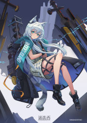 Rule 34 | 1girl, ahoge, animal ears, ankle boots, aqua eyes, arknights, artist name, black coat, black footwear, black gloves, book, boots, cat ears, cat girl, cat tail, character name, clothing cutout, coat, coat on shoulders, commentary request, dress, earpiece, electricity, fingerless gloves, full body, gloves, green dress, highres, holding, holding book, huge weapon, infection monitor (arknights), long hair, looking at viewer, open clothes, open coat, parted lips, rosmontis (arknights), silver hair, sima naoteng, solo, tail, very long hair, weapon