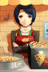 Rule 34 | apron, bad id, bad pixiv id, blue hair, crossed arms, expressionless, food, jenevan, open mouth, parted bangs, short hair, solo, standing, sword girls, taiyaki, turtleneck, wagashi, yellow eyes