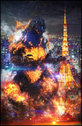 Rule 34 | alternate form, burning godzilla, cheung chung tat, city, destruction, dinosaur, embers, epic, fire, giant, giant monster, glowing, glowing eyes, godzilla, godzilla (series), godzilla vs. destoroyah, highres, kaijuu, monster, night, real world location, realistic, red eyes, smoke, steam, steaming body, toho, tokyo (city), tokyo tower
