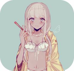Rule 34 | 1girl, :3, aithia, bikini, blue eyes, blunt bangs, blush, breasts, closed mouth, collarbone, commentary request, danganronpa (series), danganronpa v3: killing harmony, dark-skinned female, dark skin, female focus, green background, highres, holding, jacket, jewelry, long hair, long sleeves, looking at viewer, navel, necklace, open clothes, paintbrush, silver hair, sketch, small breasts, smile, solo, swimsuit, twintails, upper body, wing print, yellow jacket, yonaga angie