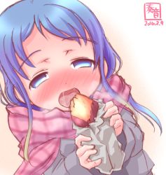 Rule 34 | 10s, 1girl, 2016, alternate costume, blue eyes, blue hair, blush, coat, dated, eating, food, foodgasm, full-face blush, gradient hair, highres, holding, holding food, kanon (kurogane knights), kantai collection, long hair, long sleeves, matching hair/eyes, multicolored hair, nose blush, open mouth, pink scarf, plaid, plaid scarf, roasted sweet potato, saliva, samidare (kancolle), scarf, signature, solo, steam, sweet potato, swept bangs, torogao, upper body, very long hair, white background