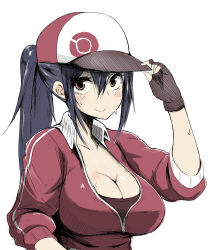Rule 34 | 1girl, black gloves, black hair, blush, breasts, brown eyes, cleavage, female protagonist (pokemon go), fingerless gloves, freedom nakai, gloves, hat, highres, jacket, large breasts, long hair, looking at viewer, pokemon, pokemon go, ponytail, simple background, smile, solo, sweat, upper body, white background