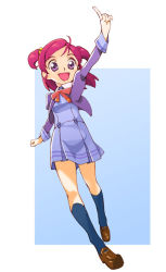 Rule 34 | 00s, 1girl, book, index finger raised, legs, nse, pink hair, precure, purple eyes, purple skirt, school uniform, short twintails, skirt, solo, twintails, two side up, yes! precure 5, yumehara nozomi