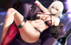 Rule 34 | 1girl, ahoge, bikini, black bikini, black choker, black gloves, black jacket, blurry, blurry background, bottle, breasts, choker, commentary request, cropped jacket, dutch angle, fate/grand order, fate (series), gloves, grin, jacket, jeanne d&#039;arc alter (swimsuit berserker) (fate), jeanne d&#039;arc (fate), jeanne d&#039;arc alter (fate), jeanne d&#039;arc alter (swimsuit berserker) (fate), kisaragi tsurugi, large breasts, navel, o-ring, o-ring bikini, o-ring bottom, o-ring top, red thighhighs, short hair, silver hair, single thighhigh, sitting, sitting on object, smile, solo, swimsuit, thighhighs, tsurime, wine bottle, yellow eyes