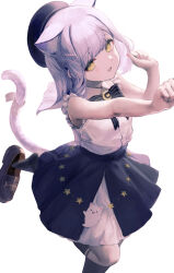 Rule 34 | 1girl, :3, absurdres, animal ears, beret, black bow, black hat, black skirt, black socks, bow, brown footwear, cat ears, cat girl, cat tail, collared shirt, frilled sleeves, frills, hair ornament, hat, head tilt, highres, kneehighs, loafers, long hair, looking at viewer, nail polish, nametarou (meron), official alternate costume, open mouth, pink nails, pleated skirt, purple hair, shinomiya runa, shirt, shoe dangle, shoes, simple background, skirt, sleeveless, sleeveless shirt, socks, solo, standing, standing on one leg, star (symbol), tail, virtual youtuber, vspo!, white background, white shirt, wing collar, x hair ornament, yellow eyes