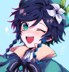 Rule 34 | 1boy, absurdres, androgynous, bbadtime, beret, black hair, blue background, blue hair, bow, braid, brooch, cape, collared cape, commentary, english commentary, flower, gem, genshin impact, gradient hair, green eyes, green hat, hair flower, hair ornament, hat, highres, jewelry, leaf, looking at viewer, male focus, multicolored hair, one eye closed, open mouth, shirt, short hair with long locks, simple background, solo, sparkle, twin braids, venti (genshin impact), white flower, white shirt