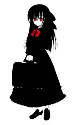 Rule 34 | 1girl, black hair, gothic lolita, high contrast, lolita fashion, looking at viewer, monochrome, red eyes, ribbon, solo, spot color, suitcase, white background