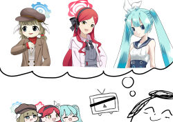 Rule 34 | 1boy, 3girls, ^ ^, absurdres, animal ears, aqua hair, black eyes, black hairband, blue archive, blue eyes, blue sailor collar, bow, brown hair, brown jacket, cabbie hat, calciumin, center frills, chibi, closed eyes, commentary request, cropped torso, doodle sensei (blue archive), dress, frills, grey dress, hair bobbles, hair bow, hair ornament, hairband, halo, hat, hatsune miku, highres, holding, holding pen, idolmaster, imagining, jacket, kei (keigarou) (style), long hair, long sleeves, lop rabbit ears, low twintails, multiple girls, multiple style parody, niconico, official style, open clothes, open jacket, parody, parted bangs, pen, pink jacket, rabbit ears, red brooch, red hair, red shirt, ringo (touhou), sailor collar, sensei (blue archive), shirt, short twintails, sidelocks, simple background, sleeveless, sleeveless dress, smile, style parody, sweatdrop, takane (blue archive), terebi-chan, touhou, turtleneck, twintails, vocaloid, vocaloid boxart pose, wavy hair, white background, white bow, yakumo (blue archive), yellow eyes, zun (style)