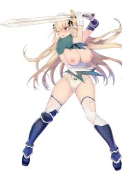 Rule 34 | 1girl, arms up, belt, blonde hair, blush, breasts, breasts out, embarrassed, feet, female focus, fighting stance, full body, groin, highres, holding, holding sword, holding weapon, koikawa minoru, large breasts, legs, legs apart, long hair, maid headdress, meidokishi alicia nymph no hihou, nipples, one eye closed, open mouth, original, panties, pink eyes, solo, standing, sword, teeth, thighhighs, thighs, torn clothes, torn thighhighs, transparent background, underwear, upper teeth only, weapon