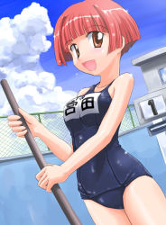 Rule 34 | 00s, 1girl, :d, brown eyes, chain-link fence, cleaning, empty pool, fence, miyata akira, mop, name tag, one-piece swimsuit, open mouth, pani poni dash!, pool, red hair, school swimsuit, short hair, smile, solo, swimsuit, tanada-bon