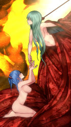 Rule 34 | 2girls, alternate costume, alternate hairstyle, aoshima, arms up, backlighting, breasts, cloak, cloud, closed eyes, faceless, floral print, green hair, hair bobbles, hair censor, hair ornament, hair over eyes, hanged, highres, kagiyama hina, kawashiro nitori, key, kneeling, large breasts, light, light rays, lips, long hair, looking up, multiple girls, navel, nipples, no headwear, no headwear, noose, nude, open mouth, parted lips, reaching, rope, suicide, topless, touhou, very long hair