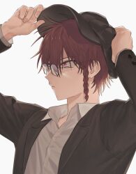 Rule 34 | 1boy, baseball cap, black hat, black jacket, braid, closed mouth, collared shirt, expressionless, facing to the side, fujo0t4ku, glasses, grey background, grey shirt, hat, highres, jacket, long sleeves, looking ahead, maeno aki, male focus, red eyes, red hair, shirt, solo, zeno (game)