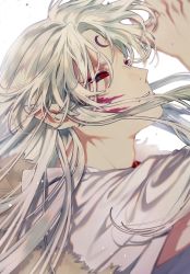Rule 34 | 1boy, black eyes, colored sclera, crescent, facial mark, highres, inuyasha, long hair, looking at viewer, male focus, mgmg 1012, parted lips, pointy ears, red sclera, sesshoumaru, shaded face, simple background, solo, white background, white hair