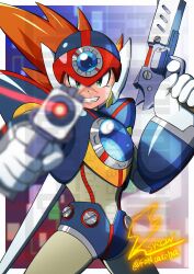 1boy aiming aiming_at_viewer android armor axl_(mega_man) black_armor border brown_hair chest_jewel cowboy_shot cross_scar dual_wielding finger_on_trigger fontatoba forehead_jewel green_eyes gun helmet highres holding holding_gun holding_weapon light_trail long_hair male_focus mega_man_(series) mega_man_x_(series) red_helmet scar scar_on_face smirk solo spiked_hair water weapon white_border