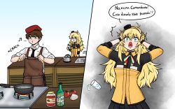 Rule 34 | 1boy, 1girl, aprf, beret, black necktie, blonde hair, brown hair, collared shirt, commander (girls&#039; frontline), commentary, dropping, english commentary, food, girls&#039; frontline, gloves, griffin &amp; kryuger military uniform, hair between eyes, hat, highres, holding, holding food, italian text, kettle, long hair, looking at another, messy hair, necktie, olive oil, onion, open mouth, pasta, red headwear, s.a.t.8 (girls&#039; frontline), shirt, short hair, sink, sound effects, tomato, translation request, upper body, white shirt