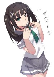 Rule 34 | 10s, 1girl, alternate hairstyle, aqua neckerchief, commentary, flying sweatdrops, green eyes, grey skirt, hair ornament, hairclip, highres, holding, holding own hair, kurosawa dia, long hair, looking at viewer, love live!, love live! sunshine!!, miniskirt, mole, mole under mouth, neckerchief, playing with own hair, pleated skirt, school uniform, serafuku, shirt, short sleeves, sidelocks, simple background, skirt, solo, symbol-only commentary, tie clip, translation request, twintails, uranohoshi school uniform, white background, white shirt, yamaori (yamaorimon)