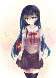 Rule 34 | 1girl, absurdres, arms behind back, black hair, black thighhighs, blue eyes, blush, bow, breasts, brown shirt, brown skirt, closed mouth, commentary request, flying sweatdrops, gift, hair ornament, hairclip, highres, jacket, long hair, medium breasts, open clothes, open jacket, original, pleated skirt, red bow, sailor collar, school uniform, serafuku, shirt, shouna mitsuishi, signature, skindentation, skirt, smile, solo, sweat, thighhighs, valentine, very long hair, white jacket, white sailor collar