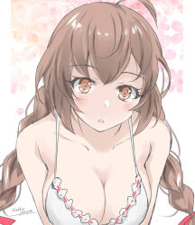 Rule 34 | 1girl, ahoge, alternate costume, artist name, bare shoulders, blush, bra, breasts, brown eyes, brown hair, cherry blossoms, cleavage, commentary request, dated, frilled bra, frills, gakky, hair between eyes, kantai collection, large breasts, long hair, looking at viewer, shinshuu maru (kancolle), solo, twintails, underwear, upper body, very long hair, white bra