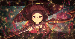 Rule 34 | 1girl, absurdres, anime coloring, black choker, black cloak, black gloves, black hair, black hat, blurry, blurry foreground, casting spell, choker, cloak, commentary request, dress, eyelashes, fingerless gloves, forehead, gloves, hair spread out, hat, highres, holding, holding staff, kono subarashii sekai ni bakuen wo!, kono subarashii sekai ni shukufuku wo!, light blush, light particles, long sleeves, looking at viewer, magic, megumin, open hand, open mouth, outstretched arms, red dress, red hair, serious, short hair with long locks, solo, sparkle, staff, straight-on, user kzrc4537, v-shaped eyebrows, wide sleeves, wind, wind lift, witch hat