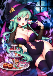 Rule 34 | 1girl, bat wings, black thighhighs, breasts, burger, cake, candy, fang, food, fork, full moon, ghost, green hair, halloween, hat, highres, horns, jack-o&#039;-lantern, large breasts, long hair, moon, navel, night, night sky, open mouth, original, pointy ears, pumpkin, purple eyes, rewolf, sky, solo, star-shaped pupils, star (symbol), symbol-shaped pupils, tattoo, thighhighs, wings, witch hat