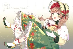 Rule 34 | 1girl, 2019, :d, bonnet, braid, brown hair, cup, floral print, flower, gloves, green eyes, green headwear, hair flower, hair ornament, hanbok, happy new year, korean clothes, looking at viewer, mongpu, new year, open mouth, original, smile, teacup, traditional clothes, twin braids, white gloves